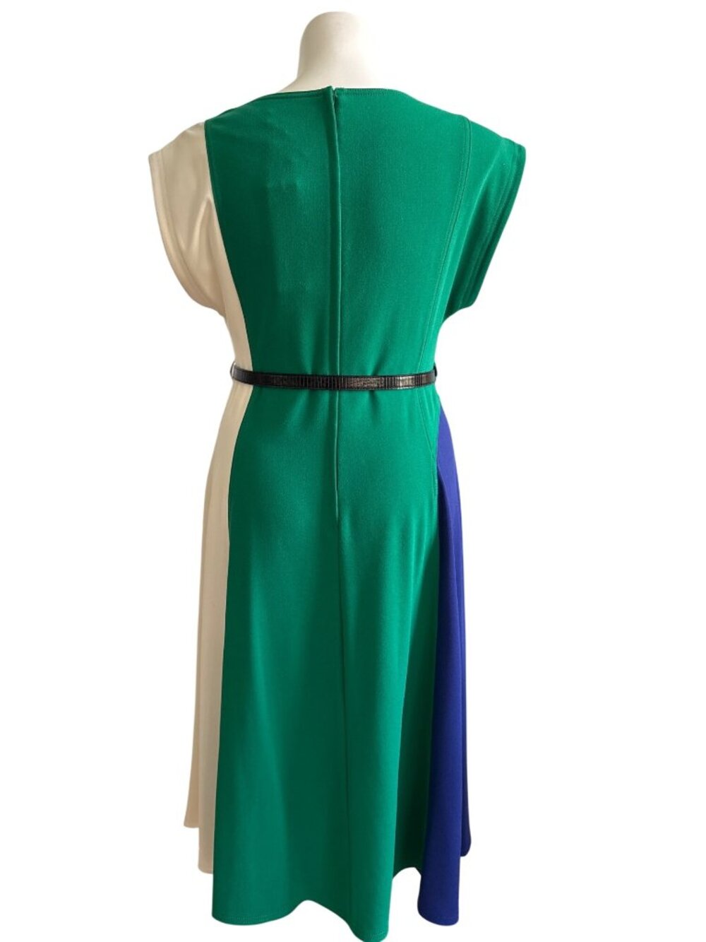 Donna Karan NWT $159 Colorblock Green Blue Ivory Belted Midi Dress Size 14 - Picture 5 of 10
